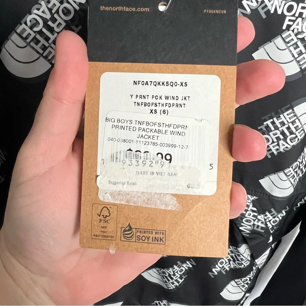 NWT THE NORTH FACE Printed Packable Wind‎ Jacket Black/White XS (6 YOUTH JR) TNF